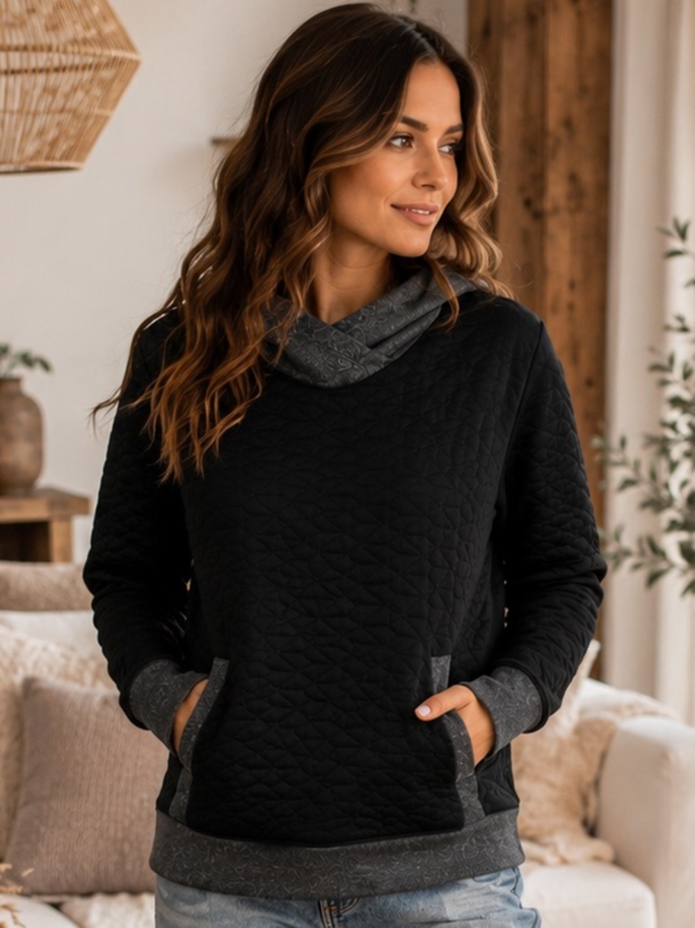 Lucy Quilted Funnel Neck Hoodie Black Diamond Sweatshirt Marled Texture Pullover